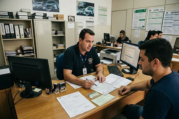 Despachante detalhando o processo de emplacamento para cliente em Barretos.